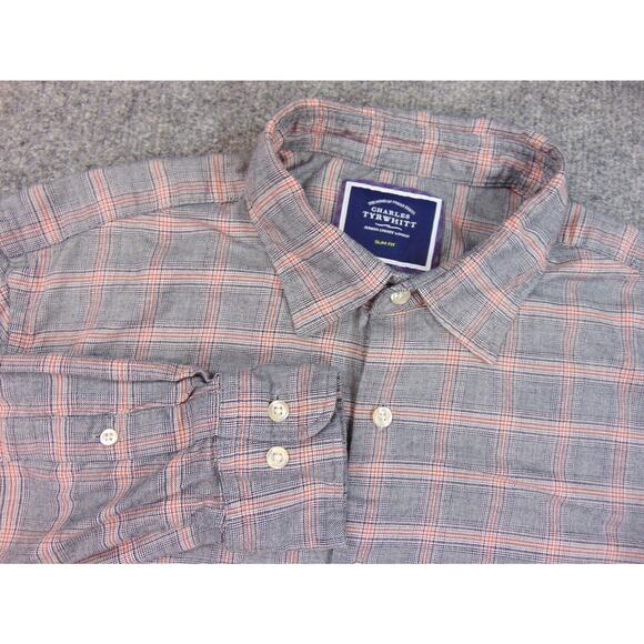 Charles Tyrwhitt Shirt Mens Large Gray‎ Orange Plaid Slim Fit Button Front - Picture 1 of 8